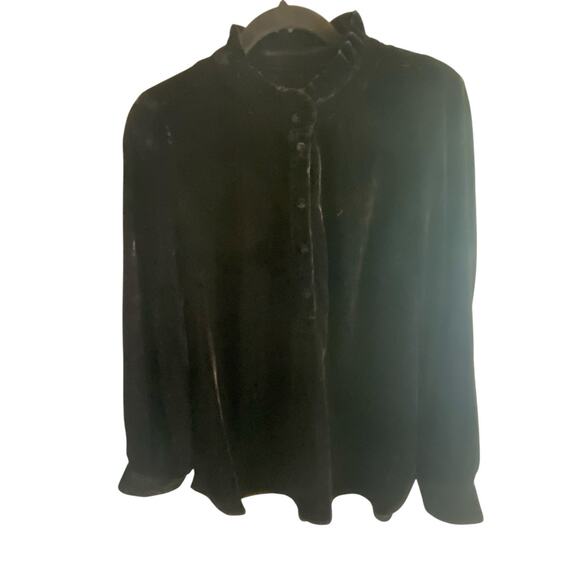 Talbots Black Velvet Long-Sleeve Blouse Ruffled Mandarin Collar Sz L Holiday - Picture 11 of 16